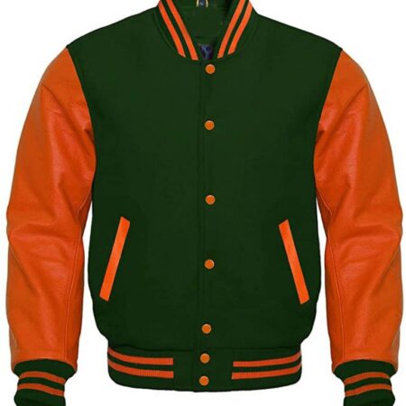 green and orange varsity jacket