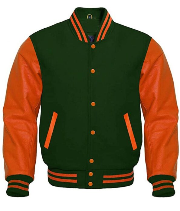 green and orange varsity jacket