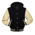 Black And Cream Wool And Leather Hooded Jacket