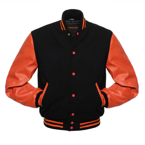 Black And Orange Wool And Leather Varsity Jacket 1