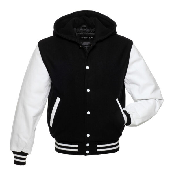 Black And White Wool And Leather Hooded Varsity Jacket