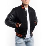 Black Wool And Leather With Orange Stripes Jacket
