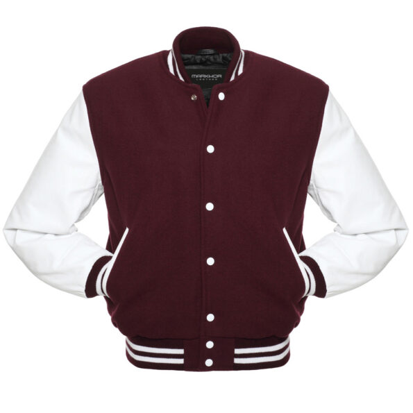 Maroon And White Wool And Leather Varsity Jacket
