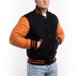 Mens Black And Orange Wool And Leather Jacket