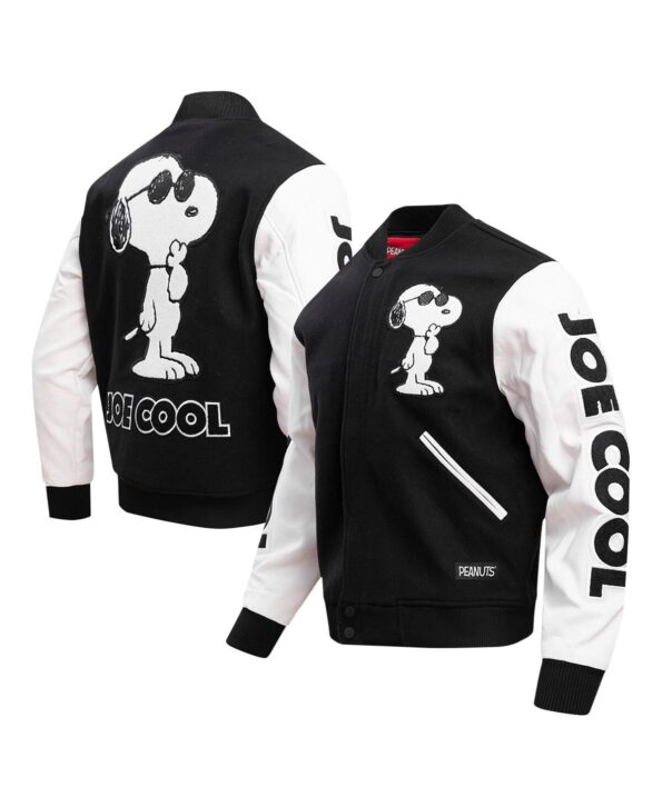 Mens Black Peanuts Snoopy Joe Cool Full zip Varsity Jacket