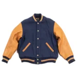 Navy Blue And Orange Wool And Leather Varsity Jacket