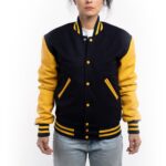 Navy Blue And Yellow Wool And Leather Varsity Jacket
