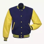 Navy Blue And Yellow Wool And Leather Jacket