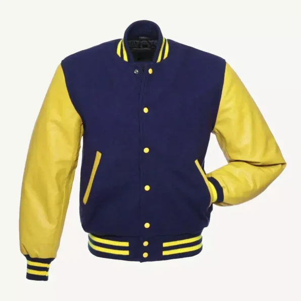 Navy Blue And Yellow Wool And Leather Varsity Jacket