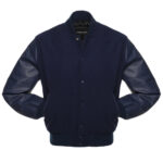 Navy Blue Wool And Leather Varsity Jacket