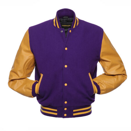 Purple And Musturd Wool And Leather Varsity Jacket