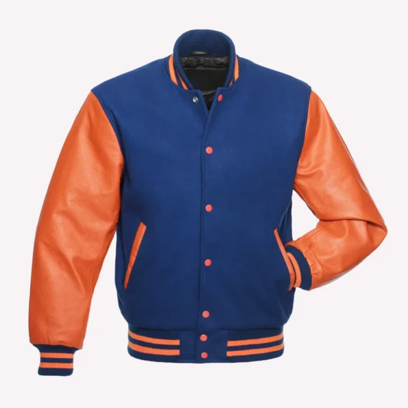 Royal Blue And Orange Wool And Leather Varsity Jacket 1