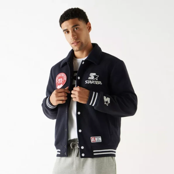 Starter Logo Detail Button Up Varsity Jacket With Long Sleeves