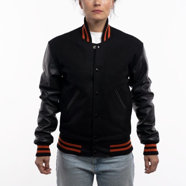 Womens Black Wool And Leather With Orange Stripes Varsity Jacket 1