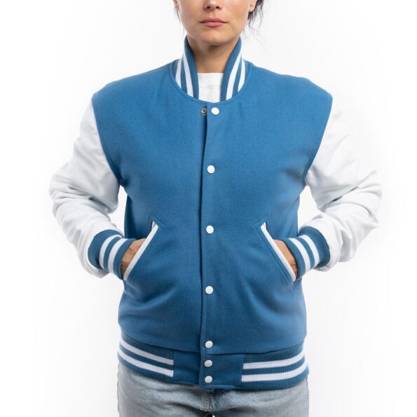 Womens Blue And White Wool And Leather Varsity Jacket