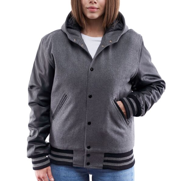 Womens Grey Wool And Leather Hooded Varsity Jacket