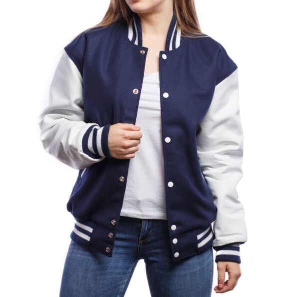 Womens Navy Blue And White Wool And Leather Varsity Jacket