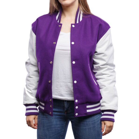 Womens Purple And White Wool And Leather Varsity Jacket 1