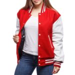 Womens Red And White Wool And Leather Varsity Jacket