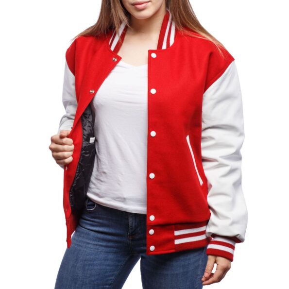 Womens Red And White Wool And Leather Varsity Jacket 1