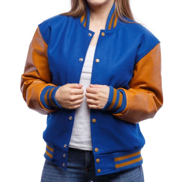 Womens Royal Blue And Gold Wool And Leather Varsity Jacket 1