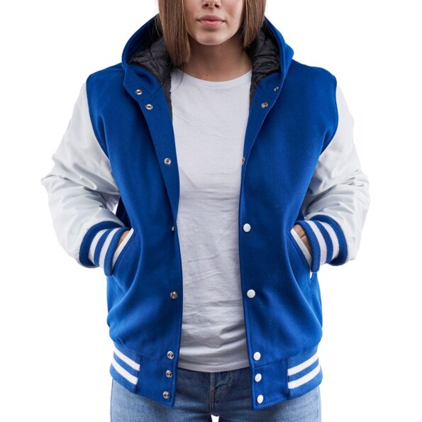 Womens Royal Blue And White Wool And Leather Hooded Varsity Jacket