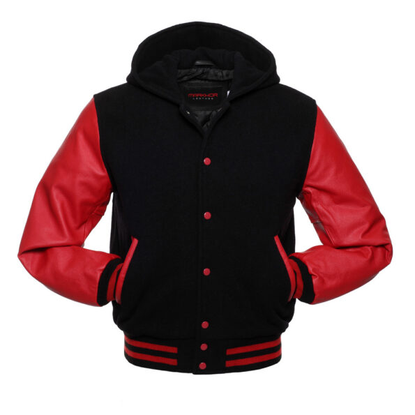 black and red wool and leather hooded jacket