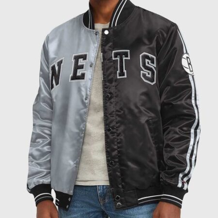 Brooklyn Nets Black and Gray Varsity Satin Jacket
