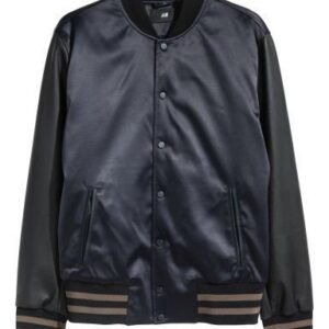 Baseball Padded Dark Blue And Black Satin Varsity Jacket