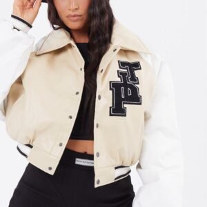 Beige Faux Leather Raglan Sleeve Cropped Varsity Bomber Jacket