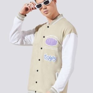 Beige Graphic Printed Varsity Jacket