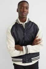Black And Beige Satin Varsity Jacket