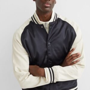 Black And Beige Satin Varsity Jacket