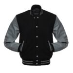 Black And Grey Wool And Leather Varsity Jacket