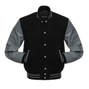 Black And Grey Wool And Leather Varsity Jacket