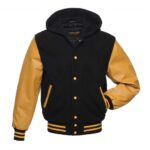 Black And Musturd Wool And Leather Hooded Jacket