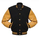 Black And Musturd Wool And Leather Varsity Jacket