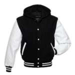 Black And White Wool And Leather Hooded Jacket