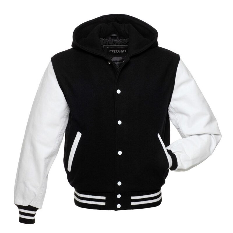 Black-And-White-Wool-And-Leather-Hooded-Varsity-Jacket.jpg Black And White Wool And Leather Hooded Jacket