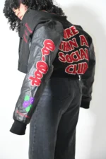 Black Cropped Club Leather Varsity Jacket Black Cropped Club Leather Varsity Jacket