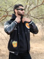 Black G With Leather Sleeves Varsity Jacket
