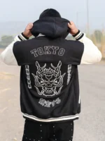 Black Tokyo Printed Varsity Jacket