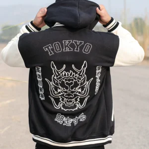 Black Tokyo Printed Varsity Jacket