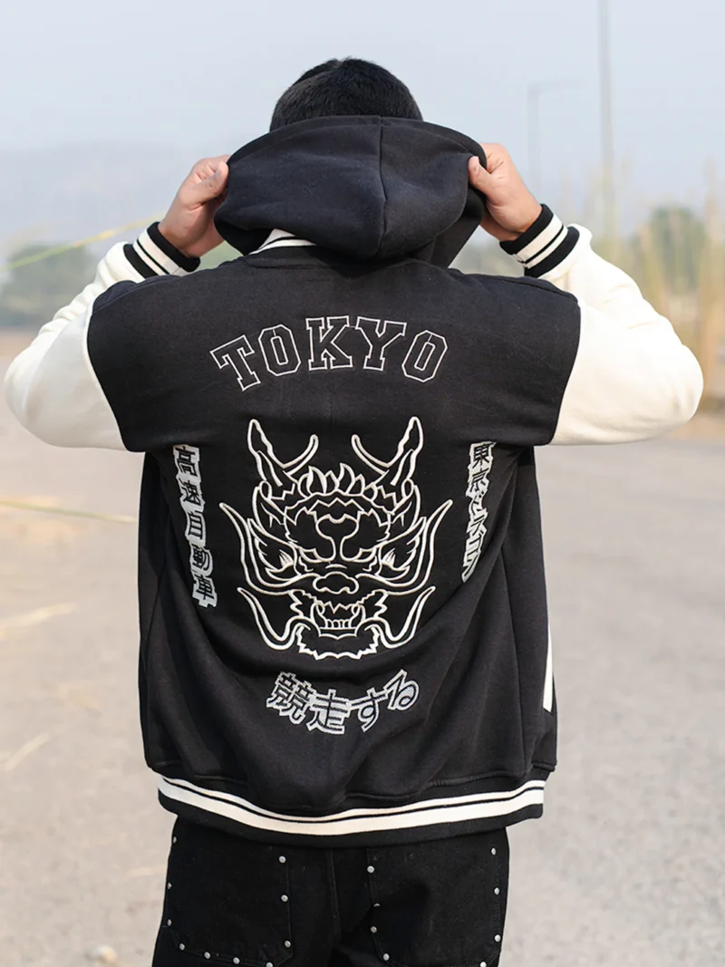 Black Tokyo Printed Varsity Jacket Black Tokyo Printed Varsity Jacket