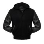 Black Wool And Leather Hooded Jacket