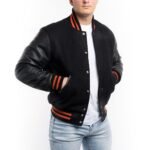 Black-Wool-And-Leather-With-Orange-Stripes-Varsity-Jacket.jpg Black Wool And Leather With Orange Stripes Jacket