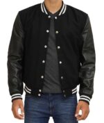 Black Varsity Jacket With Leather Sleeves