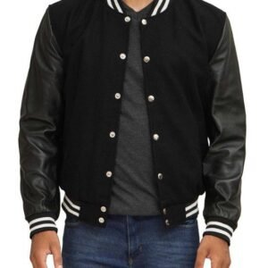 Black Varsity Jacket With Leather Sleeves