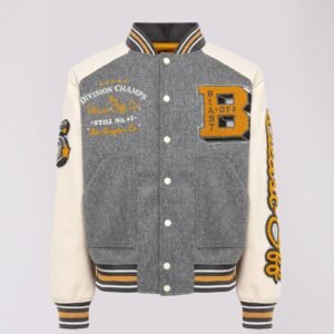 Blast Off Touchdown Grey And White Varsity Jacket