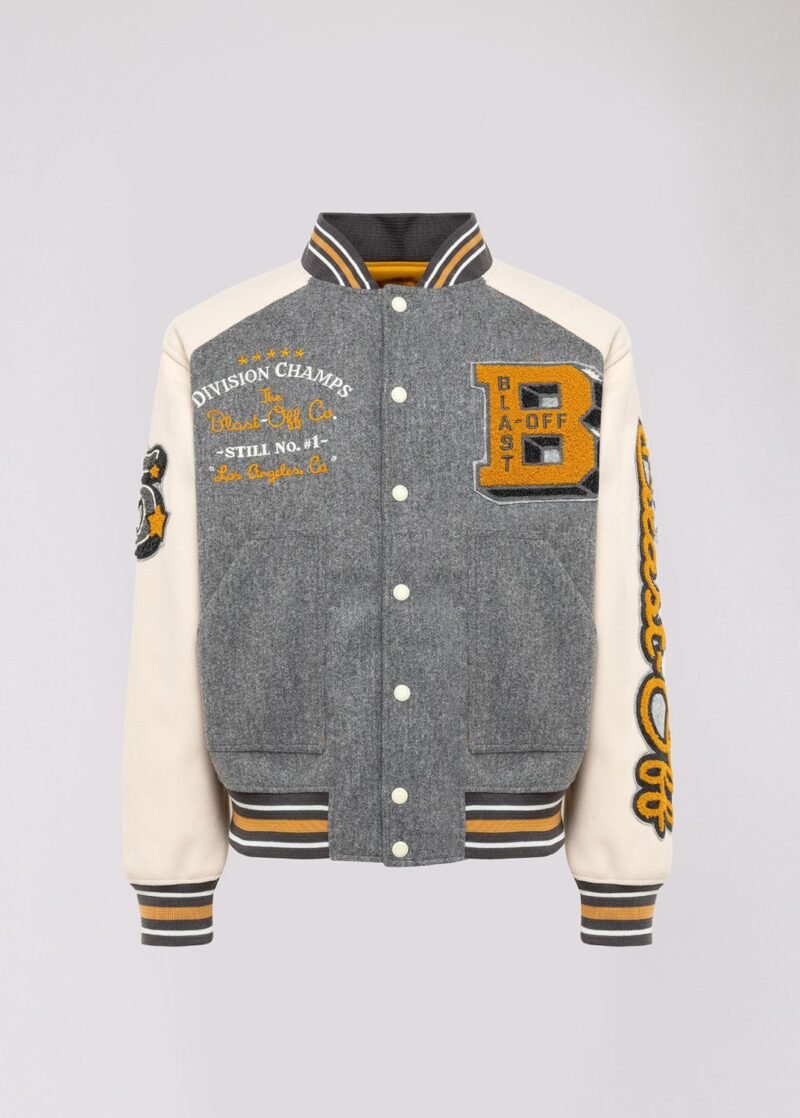Blast Off Touchdown Grey And White Varsity Jacket